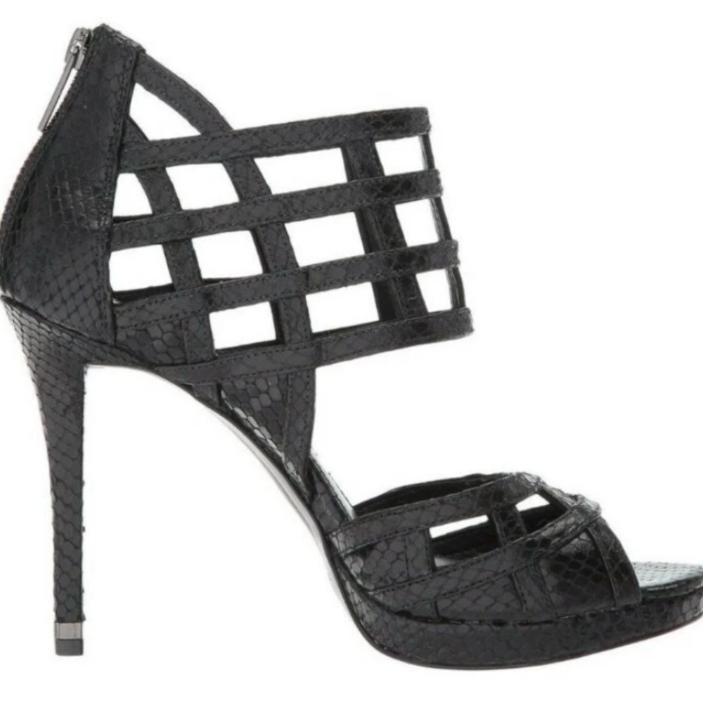 MICHAEL Michael Kors Black Trinity Platform Embossed Leather Strappy Heels 7M